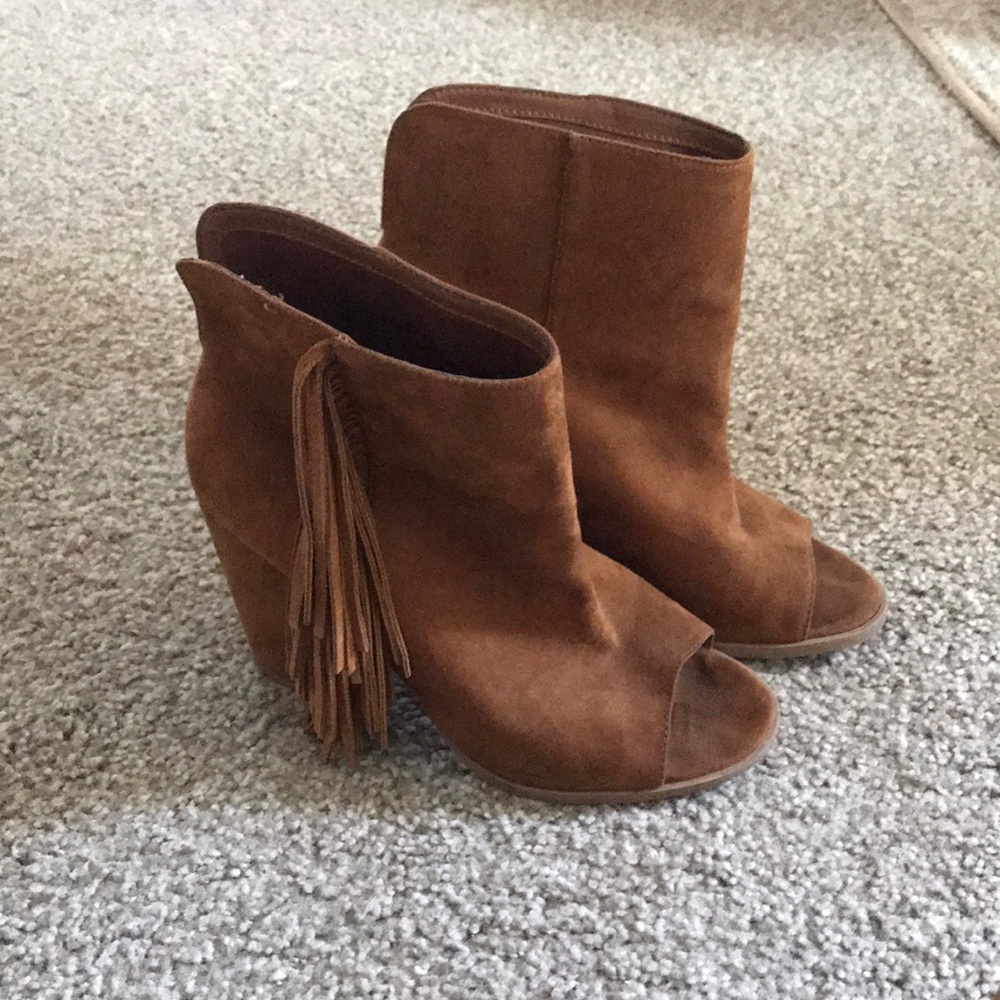 Brown fringe peep toe booties size 8.5